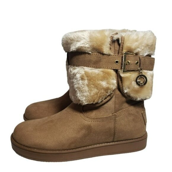 G by Guess Adlea Medium Brown Fabric Boots with Faux Fur Lining Sz 5M - Picture 5 of 9
